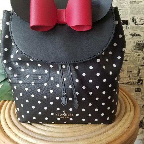 Kate Spade NWT Minnie Mouse Polka Dot Black Medium Backpack Refined Leather